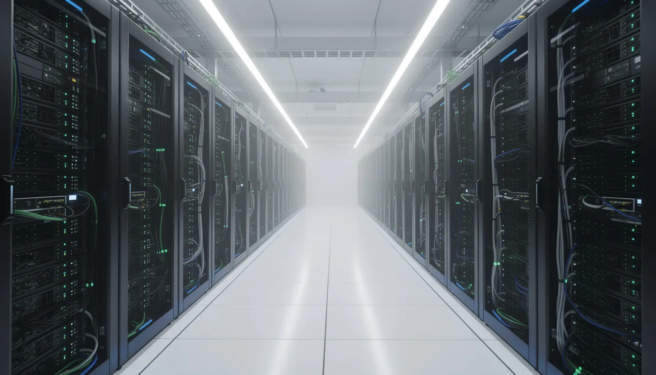 The image depicts a server room filled with rows of computing equipment, showcasing various machines that support deep learning and reinforcement learning algorithms. The environment is designed for efficient data processing and analysis, essential for developing intelligent agents and exploring hidden patterns in data.