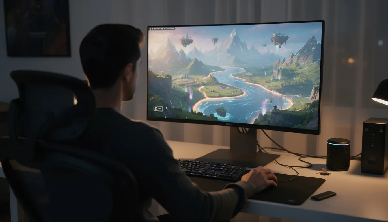 A person is sitting at a computer, immersed in exploring a virtual landscape displayed on the screen, which features three jagged mountain peaks and a photorealistic alpine meadow. The interactive world is designed for users to navigate infinitely diverse worlds, with highly responsive controls that allow for dynamic exploration of this rugged alien environment.