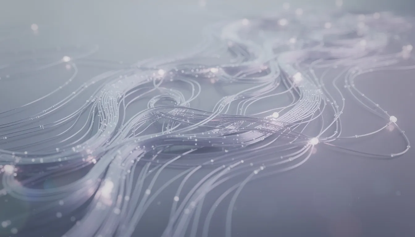 The image depicts an abstract visualization of interconnected nodes and pathways, symbolizing a neural network, presented in soft blue and purple hues. This representation illustrates the complexities of artificial intelligence and machine learning, highlighting how these AI tools can drive innovation and enhance business operations through data analysis and operational efficiency.