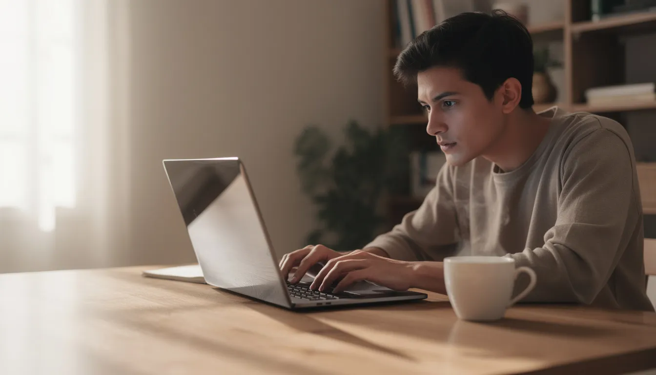 A focused individual is typing on a laptop at a desk, accompanied by a coffee cup, as they engage in the writing process, possibly using an AI writing tool to overcome writer's block and create high-quality content for blog posts or professional documents.