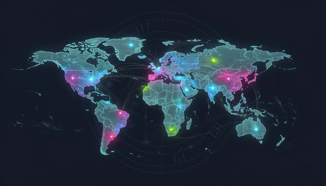 The image depicts an abstract world map illuminated with glowing connection points, symbolizing global regulatory networks related to artificial intelligence governance. This representation highlights the importance of effective AI governance practices and the interconnectedness of various AI initiatives across different regions.
