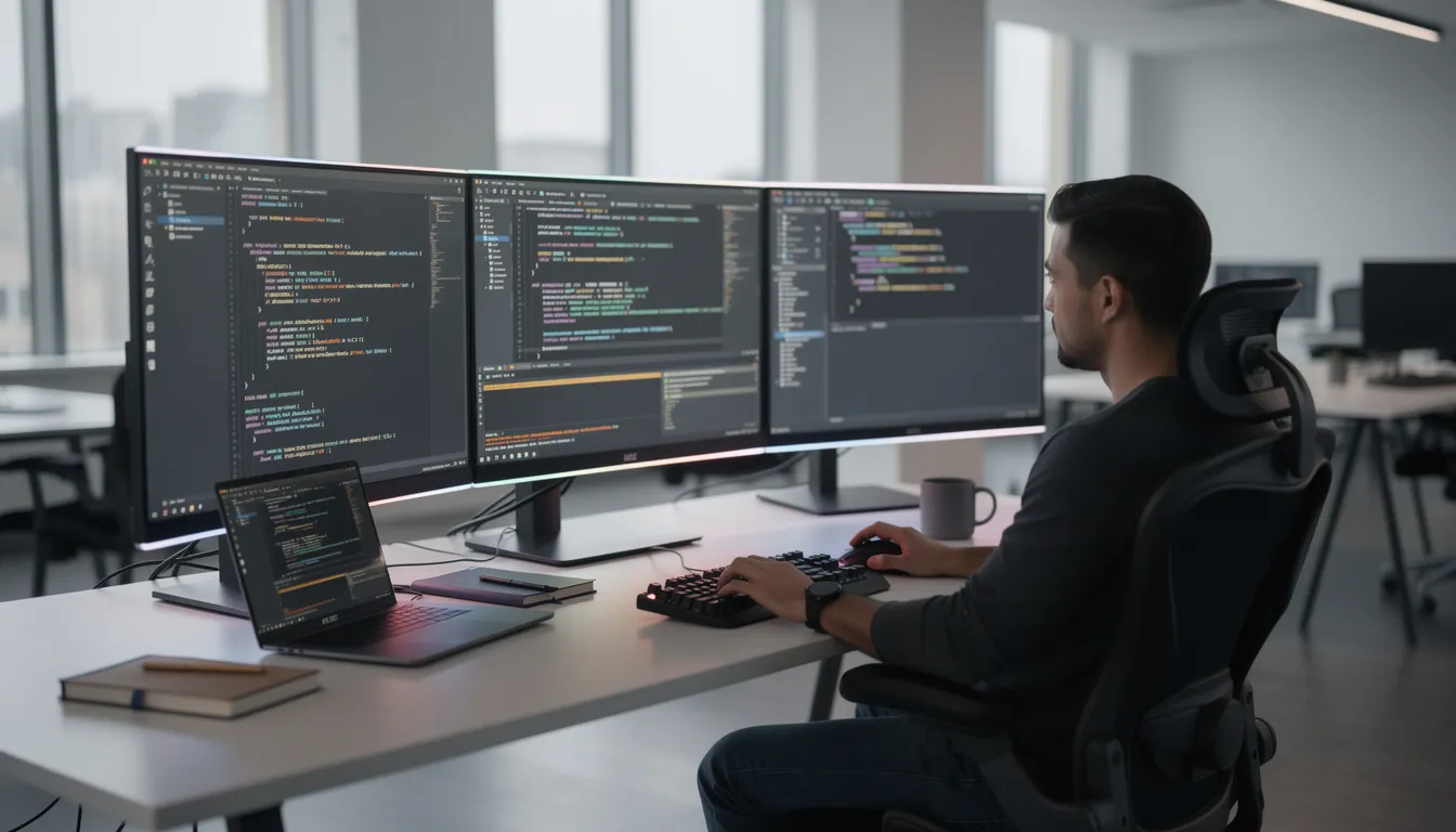 A developer is seated at a modern workstation equipped with multiple monitors displaying lines of code, reflecting a focus on artificial intelligence and machine learning tasks. The setup suggests a deep engagement with programming, possibly involving Python libraries and algorithms for data analysis and problem-solving.