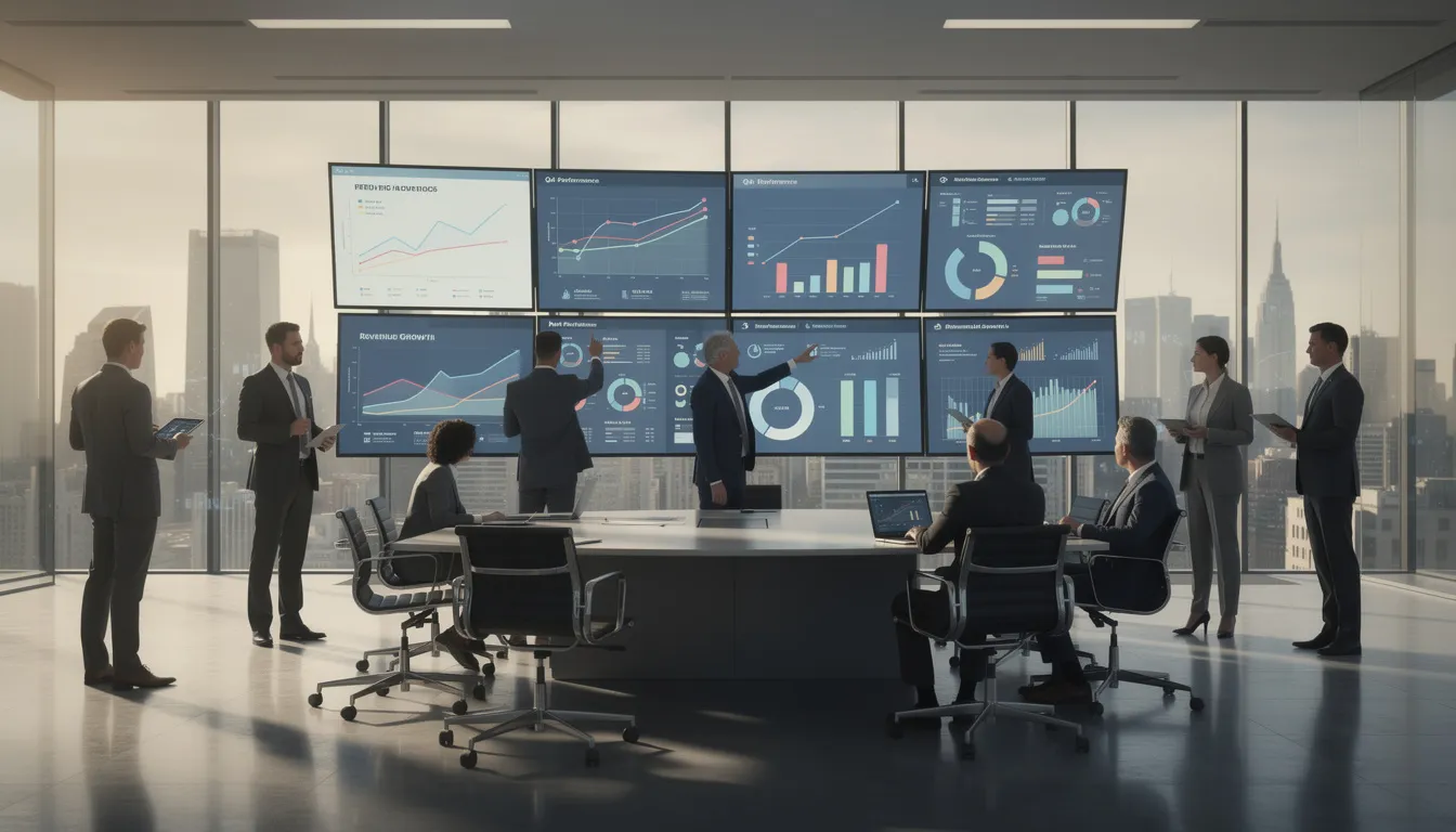 A group of business professionals is engaged in analyzing data charts displayed on large screens, showcasing various trends and insights related to the global AI market. They are leveraging AI technology and tools to enhance their marketing strategies and improve employee productivity within their organizations.