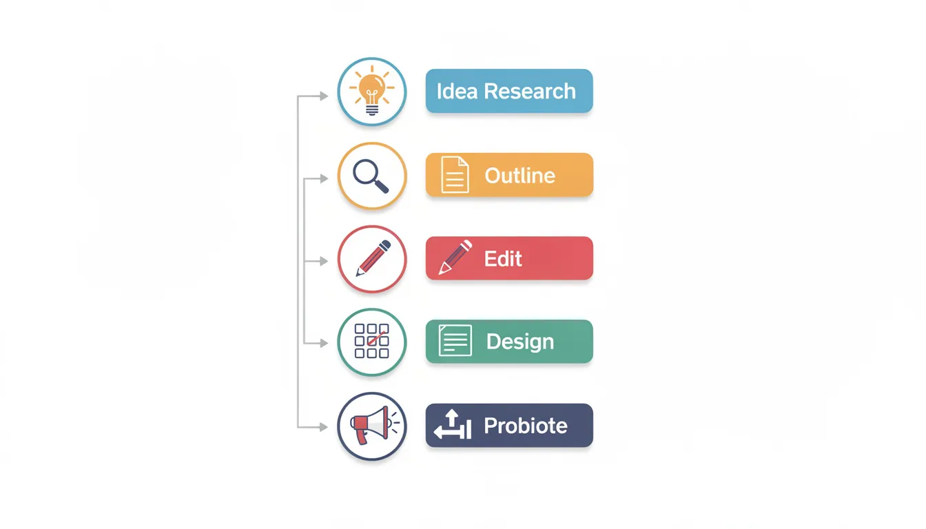The image depicts a flowchart illustrating the connected steps of a content creation process, featuring arrows that guide through stages such as keyword research, generating content, and the editing process. This visual representation emphasizes the importance of using the right AI tools to streamline workflows and produce high-quality output for various platforms.