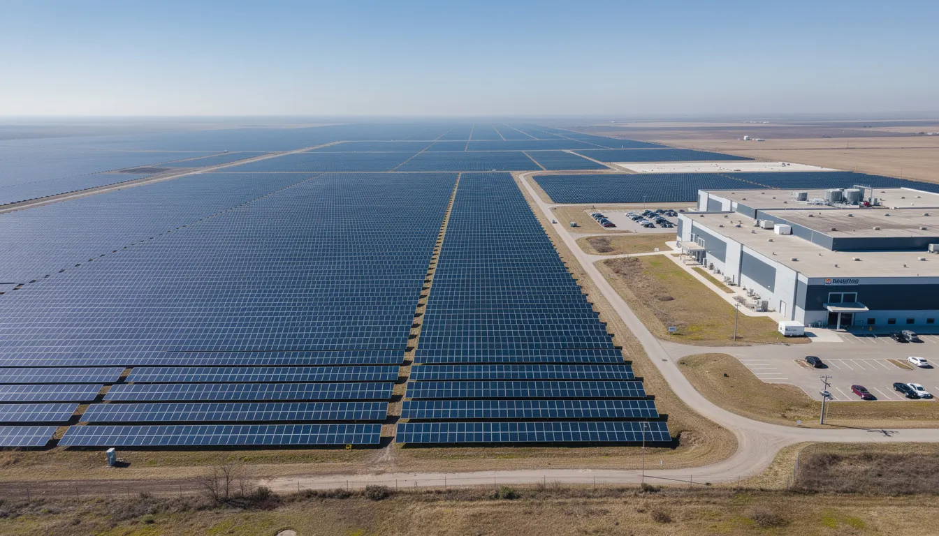 An aerial view of a large solar farm showcases numerous solar panels arranged in neat rows, situated next to industrial buildings. This image highlights the integration of clean power generation within the energy sector, emphasizing the importance of renewable energy in meeting electricity demand and reducing greenhouse gas emissions.