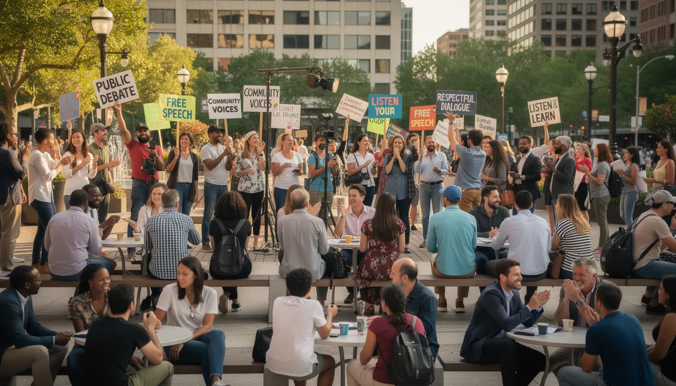 The image depicts a bustling public square filled with a diverse group of people engaged in lively discussions, each holding various signs that reflect their viewpoints. This scene symbolizes the vibrant nature of public discourse and debate, showcasing the importance of community engagement in addressing complex social issues.