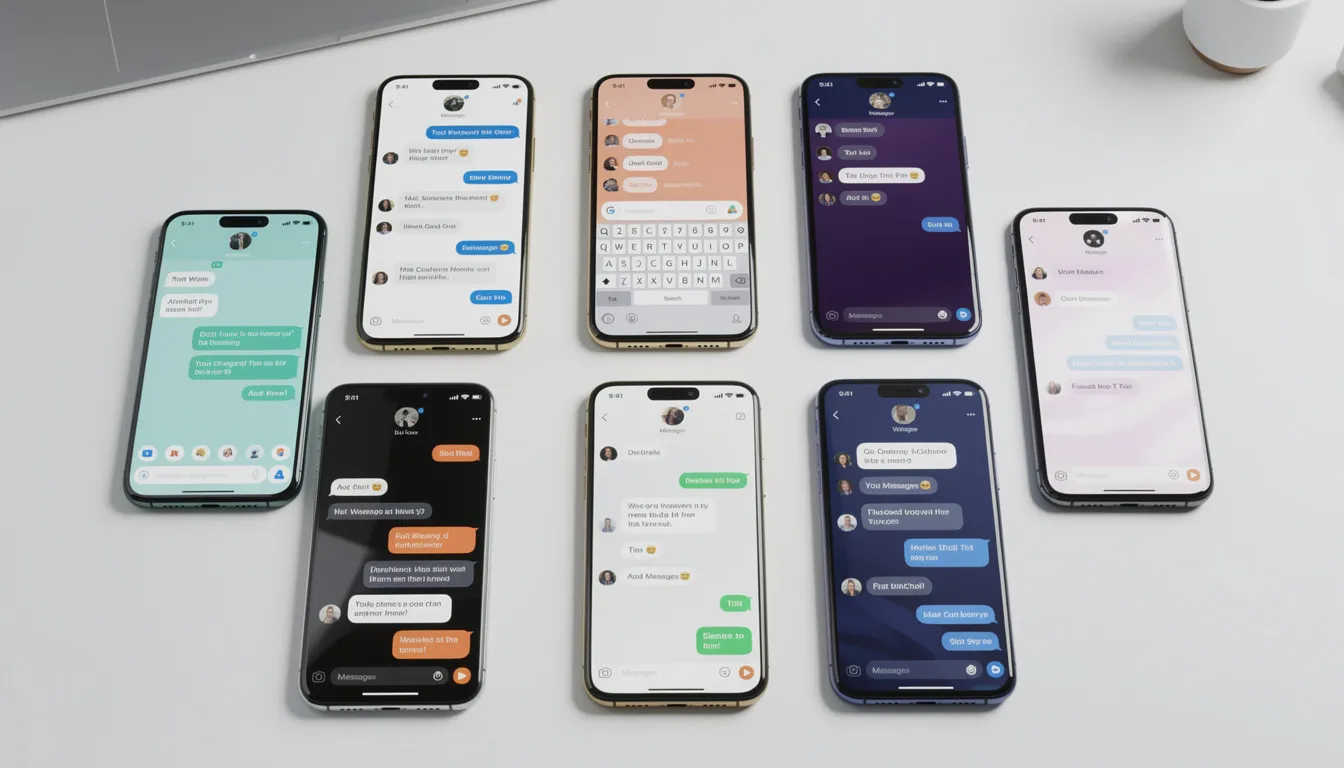 The image showcases multiple smartphones and tablets, each displaying different chat applications with unique interface designs, highlighting how users interact with various AI chatbots and tools for generating content and managing chat history in their daily lives. Each device reflects the evolving landscape of conversational responses powered by artificial intelligence and machine learning.