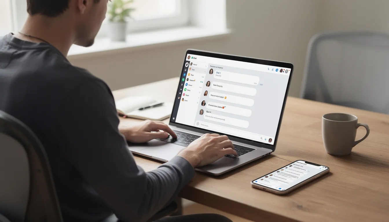 A person is seated at a desk, focused on a laptop displaying multiple chat interfaces, likely engaging with various AI chatbots. Nearby, a smartphone is visible, suggesting the use of mobile chat apps for casual conversation and real-time web access.