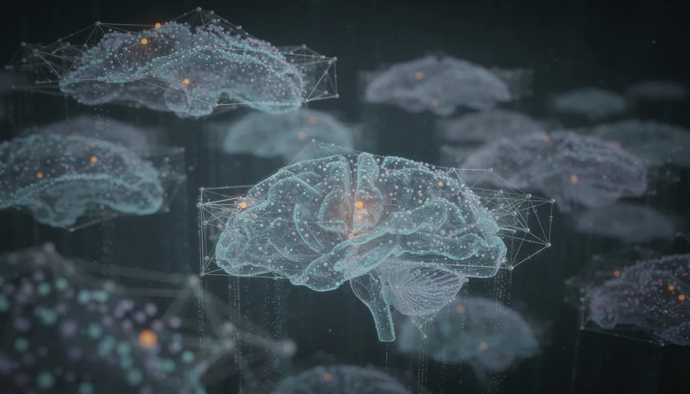 The image depicts an abstract visualization of interconnected neural network nodes, representing the complex structure of artificial intelligence and machine learning algorithms. Various nodes and connections symbolize the framework of deep learning and neural networks, showcasing the foundational elements of data analysis and intelligent systems.