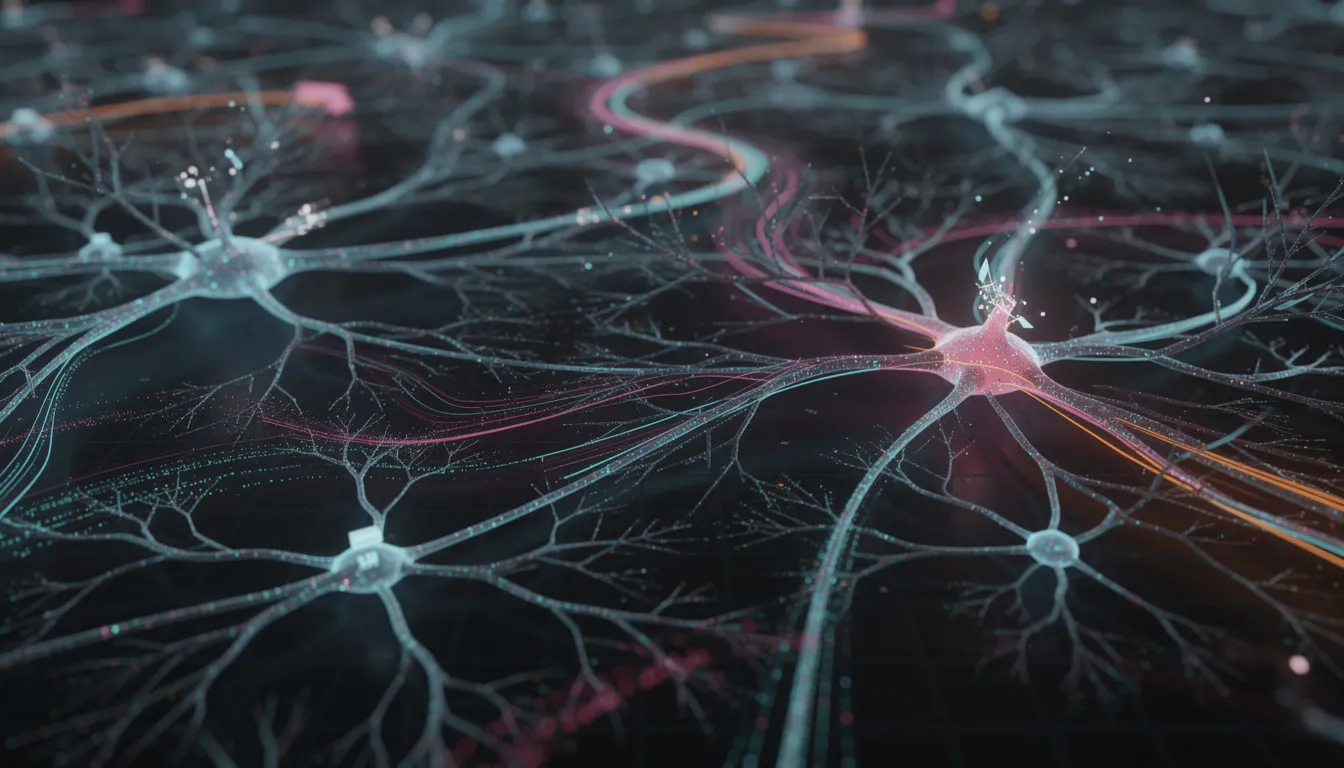The image depicts an abstract visualization of interconnected neural pathways and data streams, symbolizing the complex networks utilized by artificial intelligence companies to enhance business operations and digital transformation. This representation illustrates how machine learning models and AI agents work together to create innovative solutions and improve efficiency across various industries.