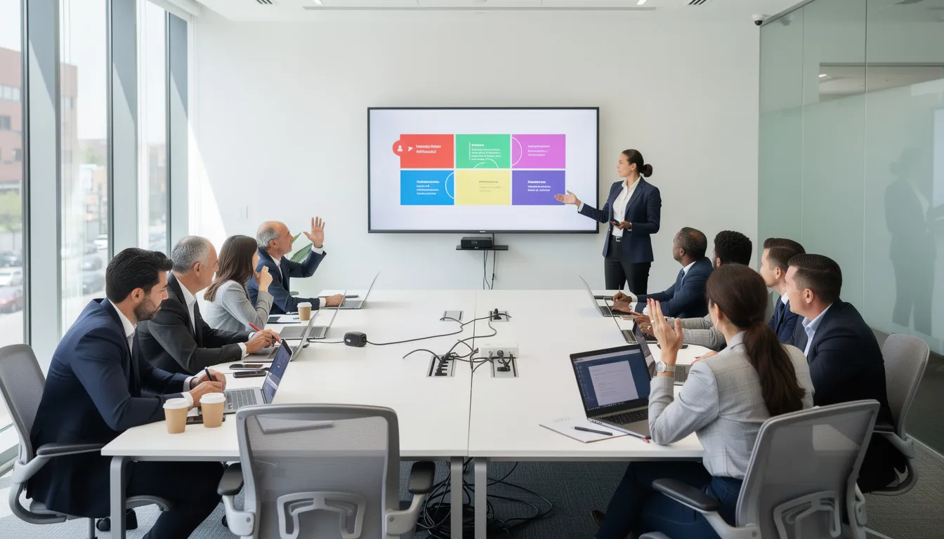 The image depicts a diverse group of professionals engaged in a modern training room, each using laptops as they participate in a workshop focused on enhancing their AI skills and adoption of new technologies. This collaborative environment highlights the importance of upskilling for the future of work, where business leaders and employees alike are gaining insights into AI systems and data science to solve problems and improve productivity.