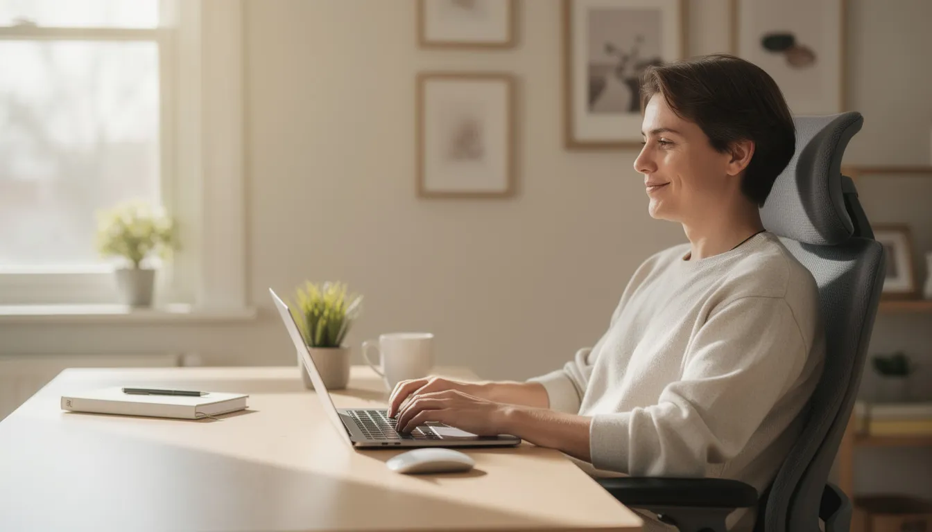 A person is sitting at a clean, organized desk, illuminated by natural light, displaying a relaxed expression while engaging with AI tools that enhance productivity. This scene reflects the evolving job market, where technology and human labor intersect, highlighting the potential for new jobs alongside the impact of AI automation on traditional roles.