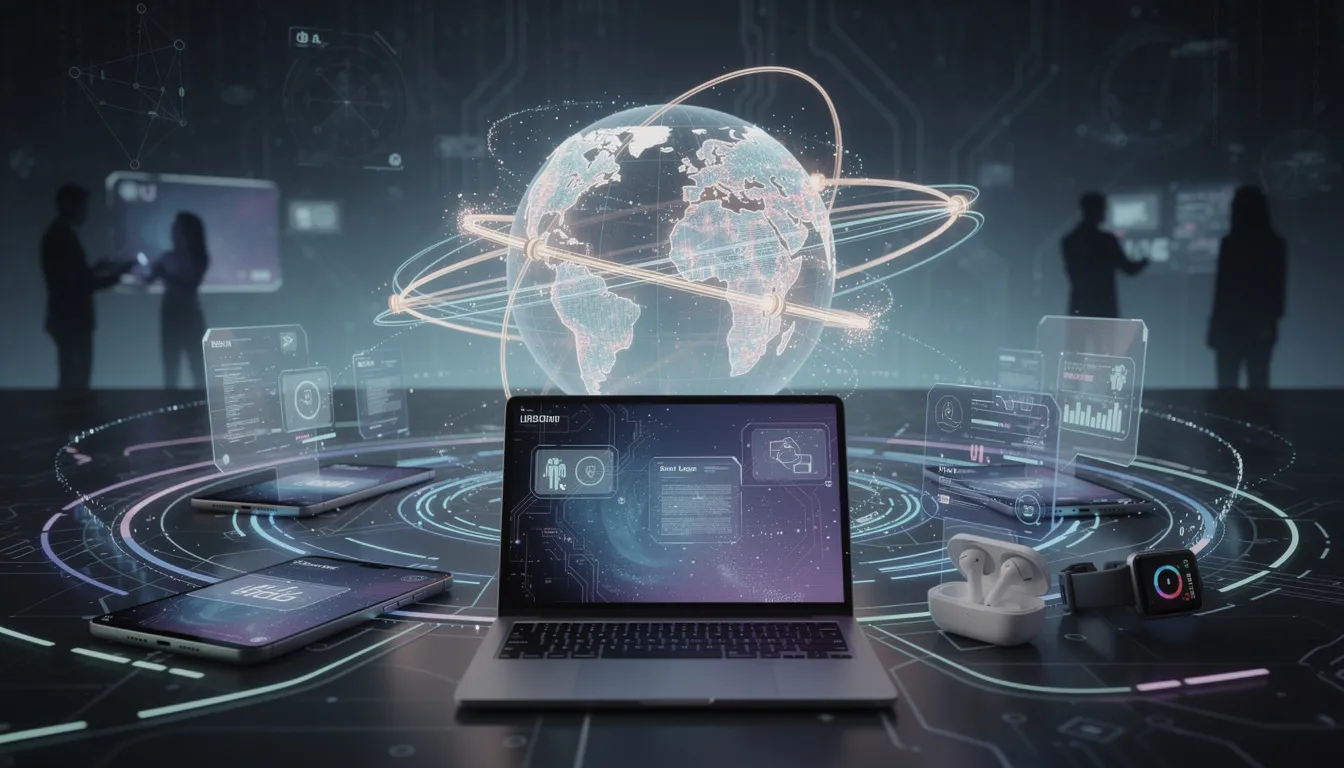 The image depicts a futuristic communication concept featuring interconnected devices that symbolize digital interaction, highlighting the role of AI chatbots in enhancing customer experiences. It showcases various messaging platforms and virtual assistants designed for quick and accurate responses to customer queries, emphasizing the integration of artificial intelligence and natural language processing in modern communication.