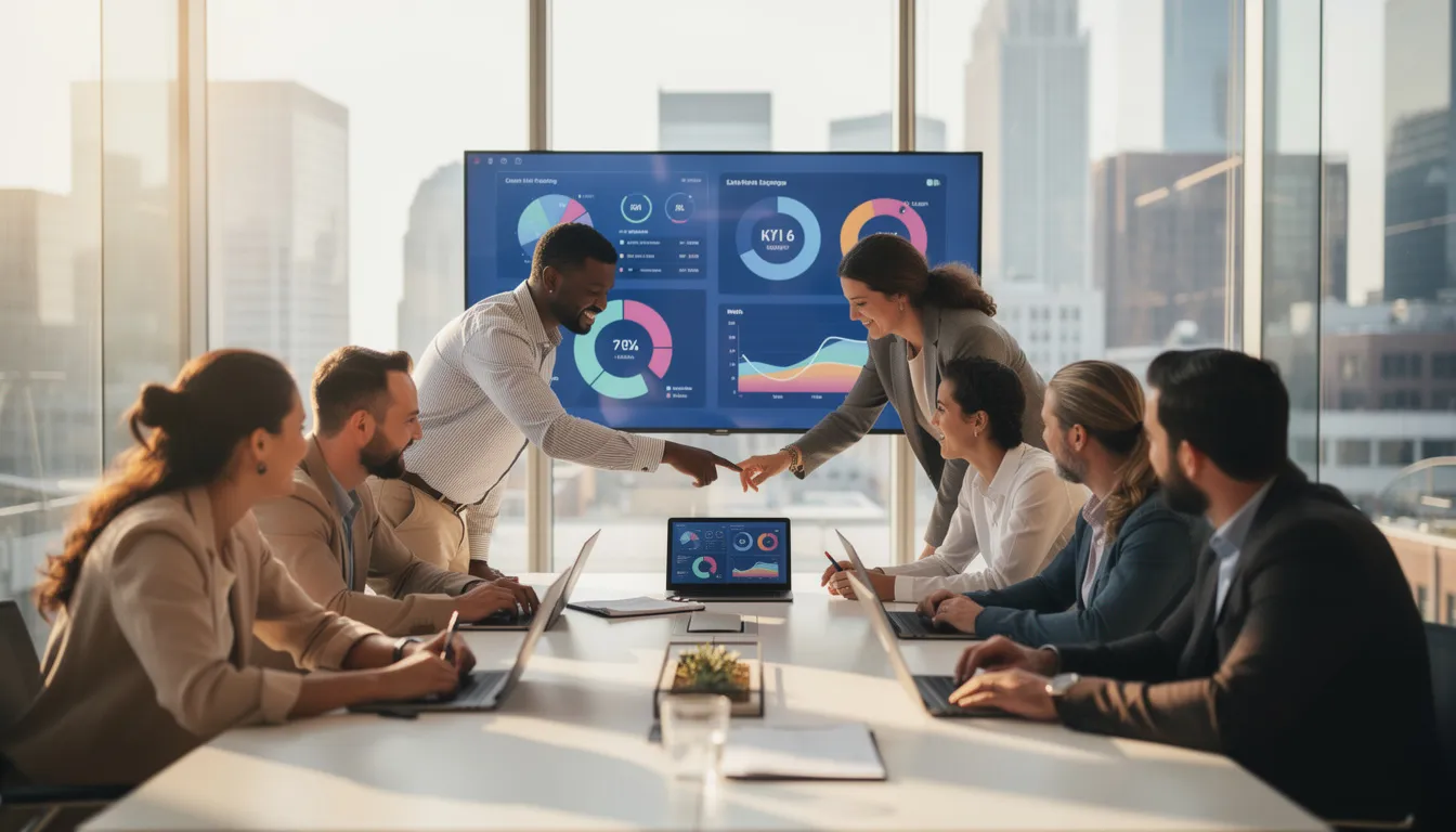 A diverse team of professionals is gathered in a modern office, collaboratively reviewing data dashboards displayed on screens, highlighting their commitment to responsible AI practices and informed decision-making. The atmosphere reflects a blend of innovation and teamwork, essential for effective AI governance and ethical considerations in technology development.