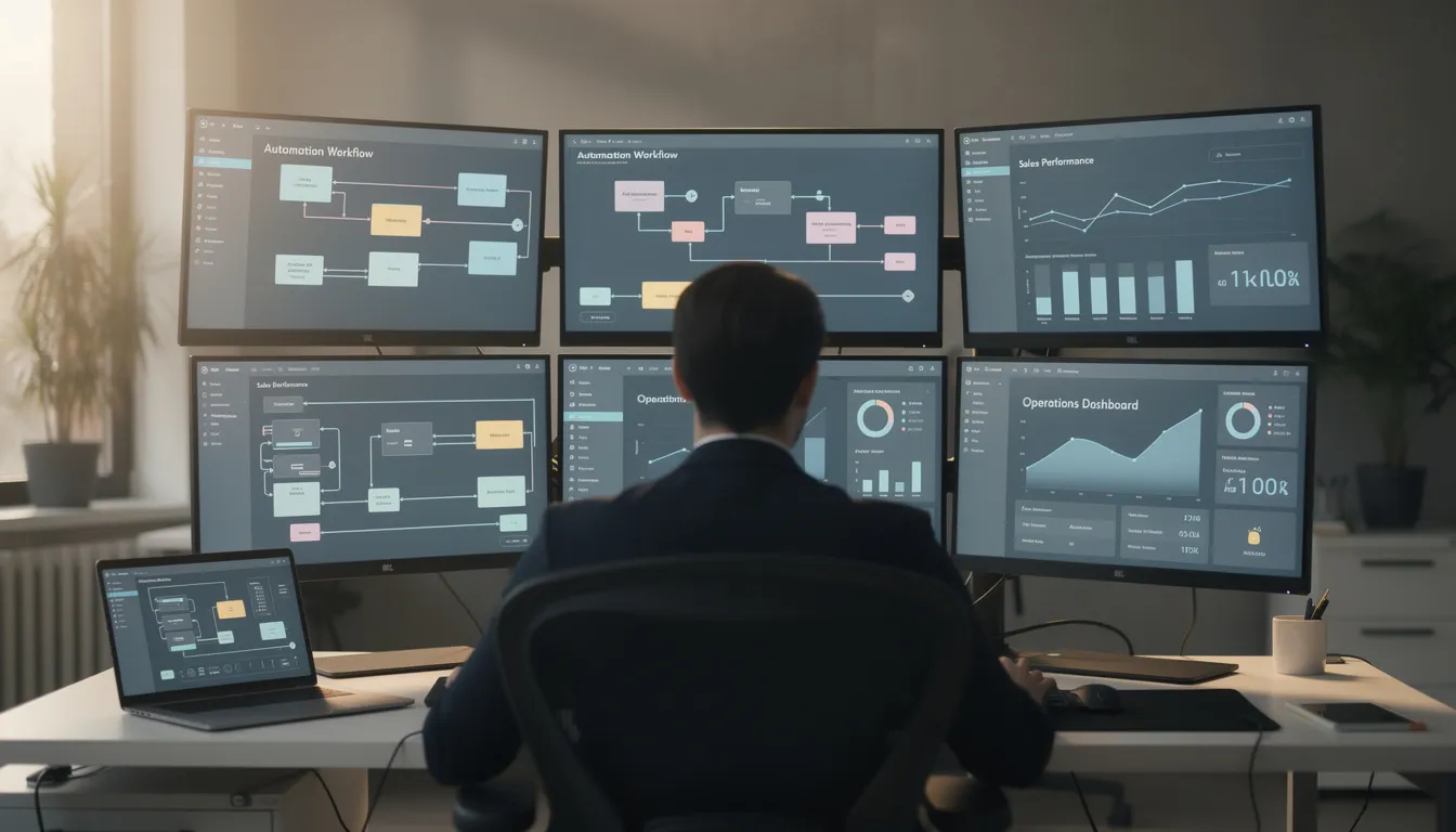 A person is seated at a desk surrounded by multiple screens displaying automation workflows and business dashboards, showcasing various AI tools and solutions for data analysis and market research. This setup highlights the integration of AI-driven solutions aimed at improving efficiency and providing valuable insights for small businesses and startups.