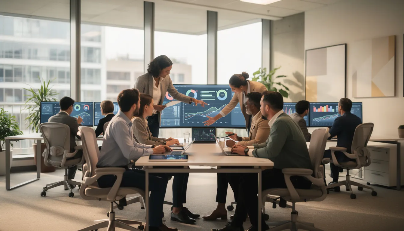 The image depicts a modern office workspace where diverse professionals collaborate around digital screens that showcase charts and analytics. This environment highlights the use of AI tools and advanced data analytics to enhance business operations and decision-making processes.