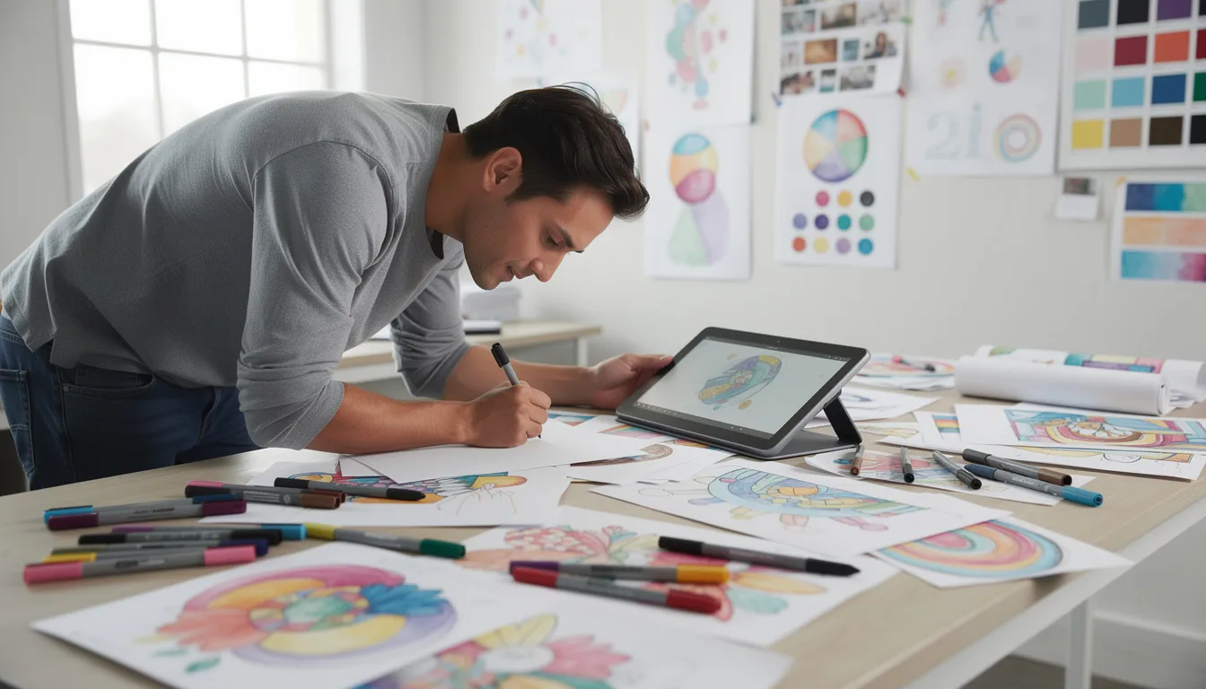 A creative professional is seated at a desk, immersed in work surrounded by vibrant design sketches and a drawing tablet, showcasing the integration of artistic talent and technology, possibly leveraging AI tools for their projects. The scene reflects a dynamic workspace that fosters creativity and innovation.