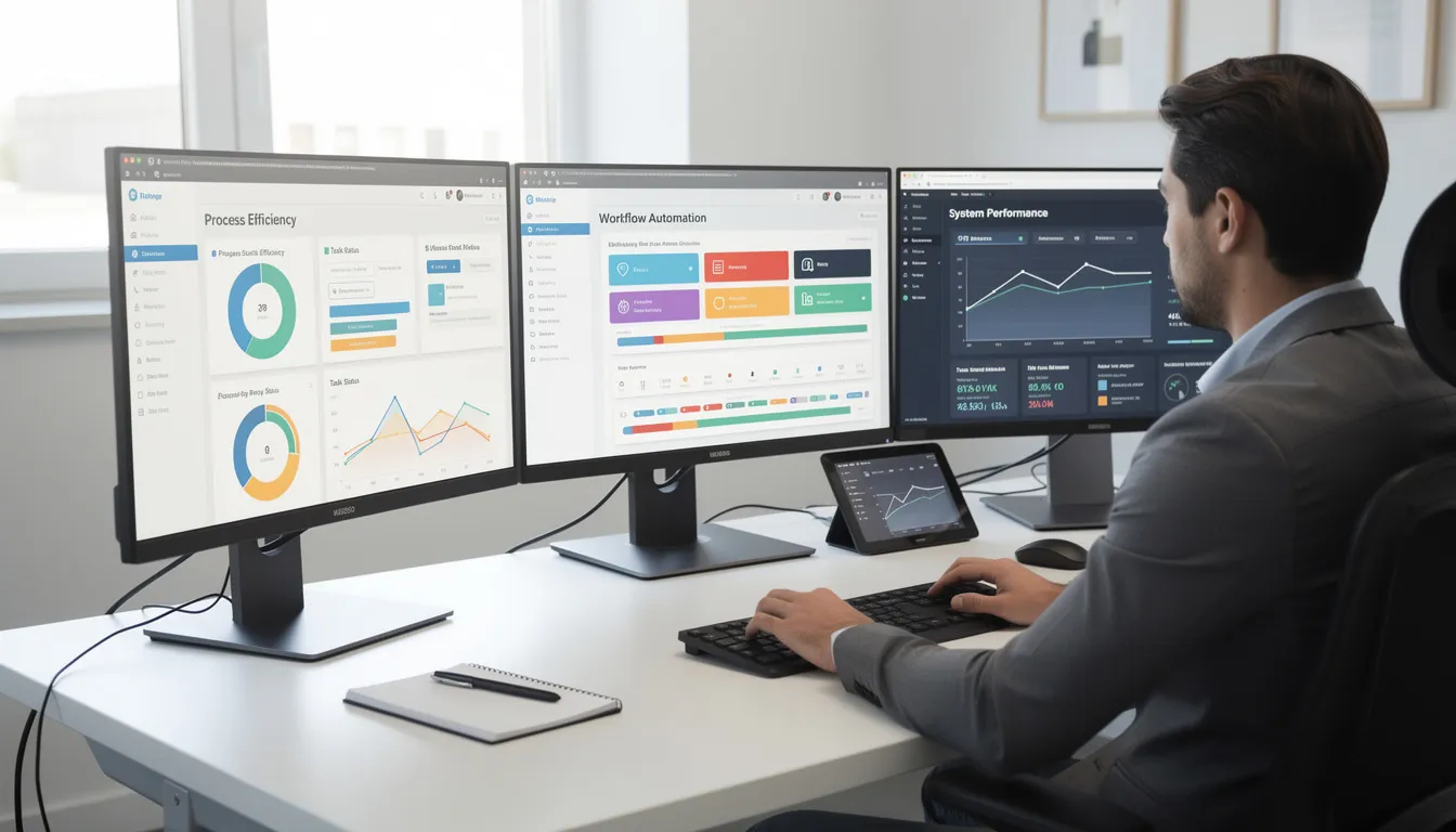 A professional sits at a desk surrounded by multiple monitors displaying workflow automation dashboards, illustrating the use of artificial intelligence and data analysis in optimizing operational efficiency. The environment reflects a focus on machine learning techniques and the integration of AI-driven solutions in the workplace.