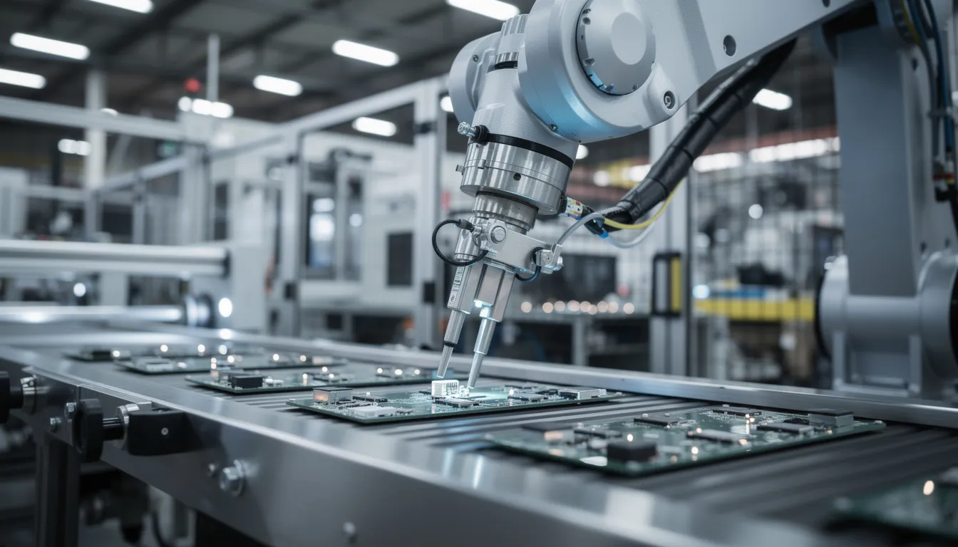 The image shows a robotic arm efficiently placing components on a manufacturing assembly line, showcasing the integration of artificial intelligence and machine learning systems in modern industrial processes. This precision highlights the role of AI tools in optimizing production and analyzing complex data.