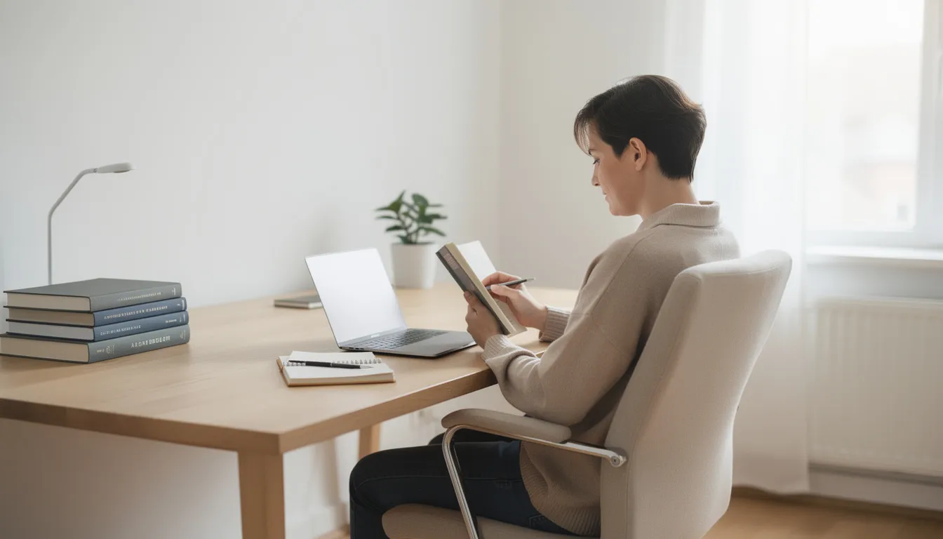 The image depicts a person calmly reading at a neatly organized desk, emphasizing a tranquil workspace conducive to focus and productivity. This serene environment reflects an ideal setting for engaging with training data or conducting data analysis, much like the careful attention required in machine learning methods.