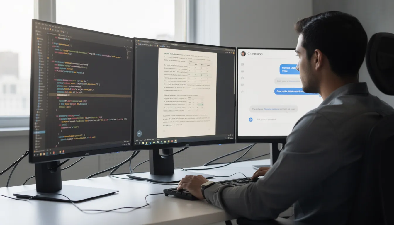 A professional is seated at a desk with multiple monitors displaying a mix of code, documents, and AI chat interfaces, showcasing the integration of AI technology into everyday tasks. The setup highlights the use of generative AI tools and machine learning models to enhance productivity and support informed decision-making in a business environment.