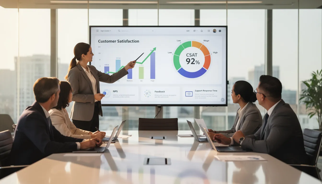 A business team is gathered around a large monitor, analyzing customer satisfaction metrics displayed on the screen. The data reflects insights into customer interactions and feedback, showcasing the effectiveness of AI-powered chatbots in enhancing customer experience and addressing inquiries efficiently.