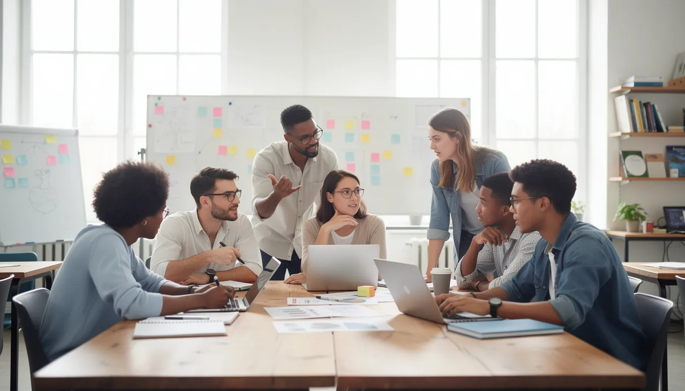 A diverse group of students is collaborating around a table in a bright classroom, engaging in discussions and sharing ideas as they work on lesson plans and assignments. This vibrant setting emphasizes student engagement and the use of technology, such as AI tools, to enhance their learning experience and develop new skills.