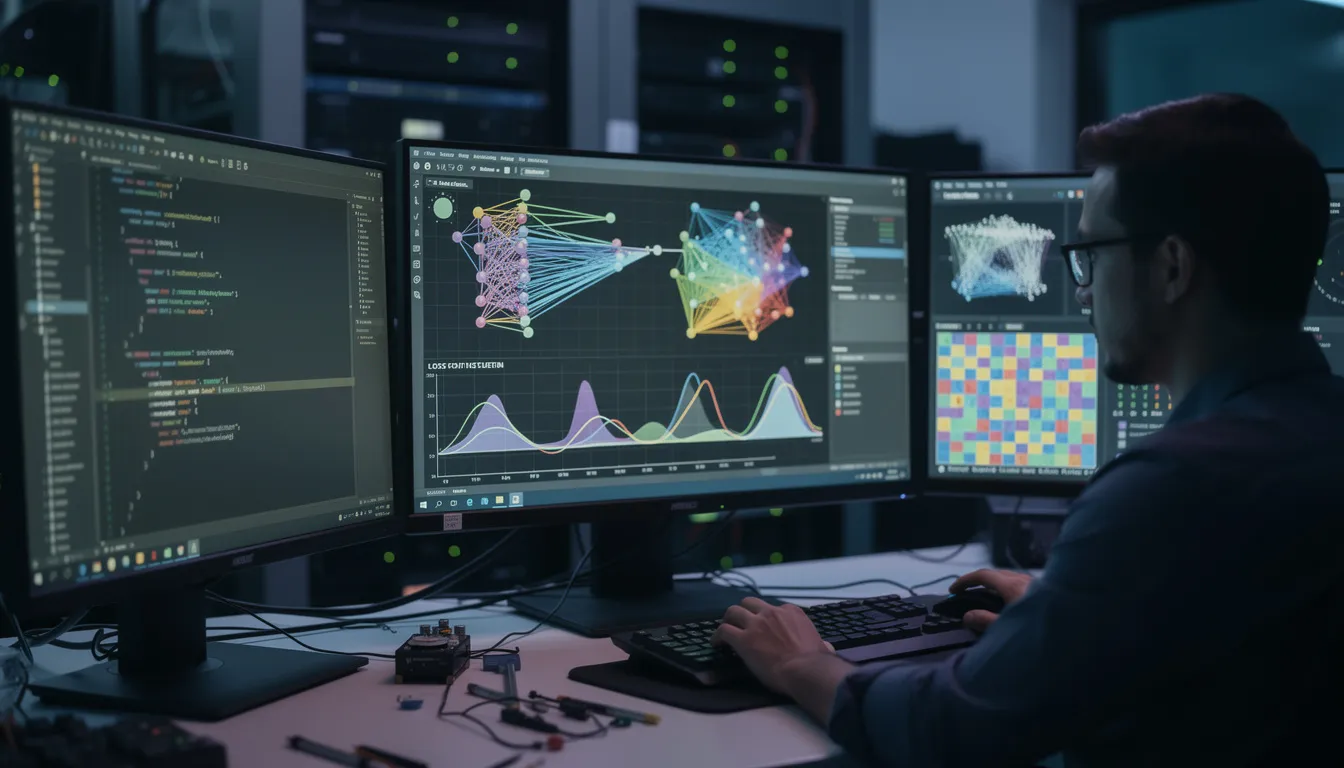 A researcher, likely a chief AI scientist, is focused on multiple computer monitors that display intricate visualizations of artificial neural networks and machine learning models. The scene illustrates the cutting-edge work in AI technologies and deep learning, highlighting the researcher's role in advancing the field of computer science.