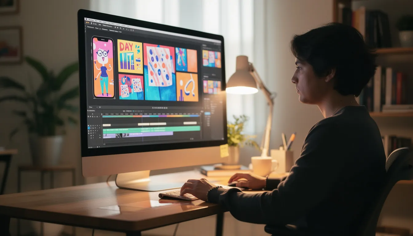 The image shows a person focused on their computer, where vibrant creative digital content is being generated on the screen, illustrating the capabilities of artificial intelligence and deep learning in producing engaging visuals. This scene highlights the intersection of human intelligence and AI technologies, as the individual utilizes generative AI tools to enhance their digital projects.