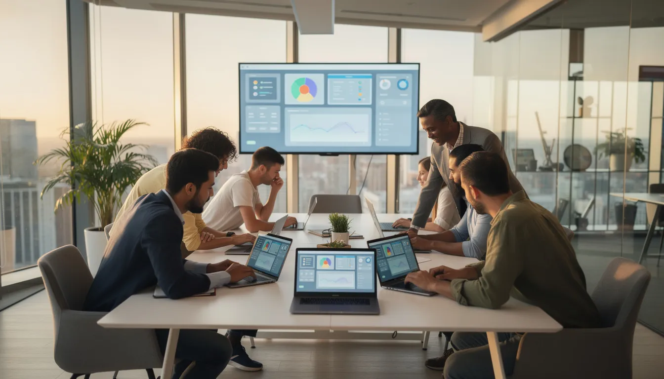 The image depicts a diverse team collaborating in a modern workspace, surrounded by laptops and digital displays, showcasing the power of artificial intelligence in enhancing teamwork and problem-solving. This environment reflects the integration of AI technologies and machine learning in everyday life, emphasizing the importance of human intelligence in driving innovation.
