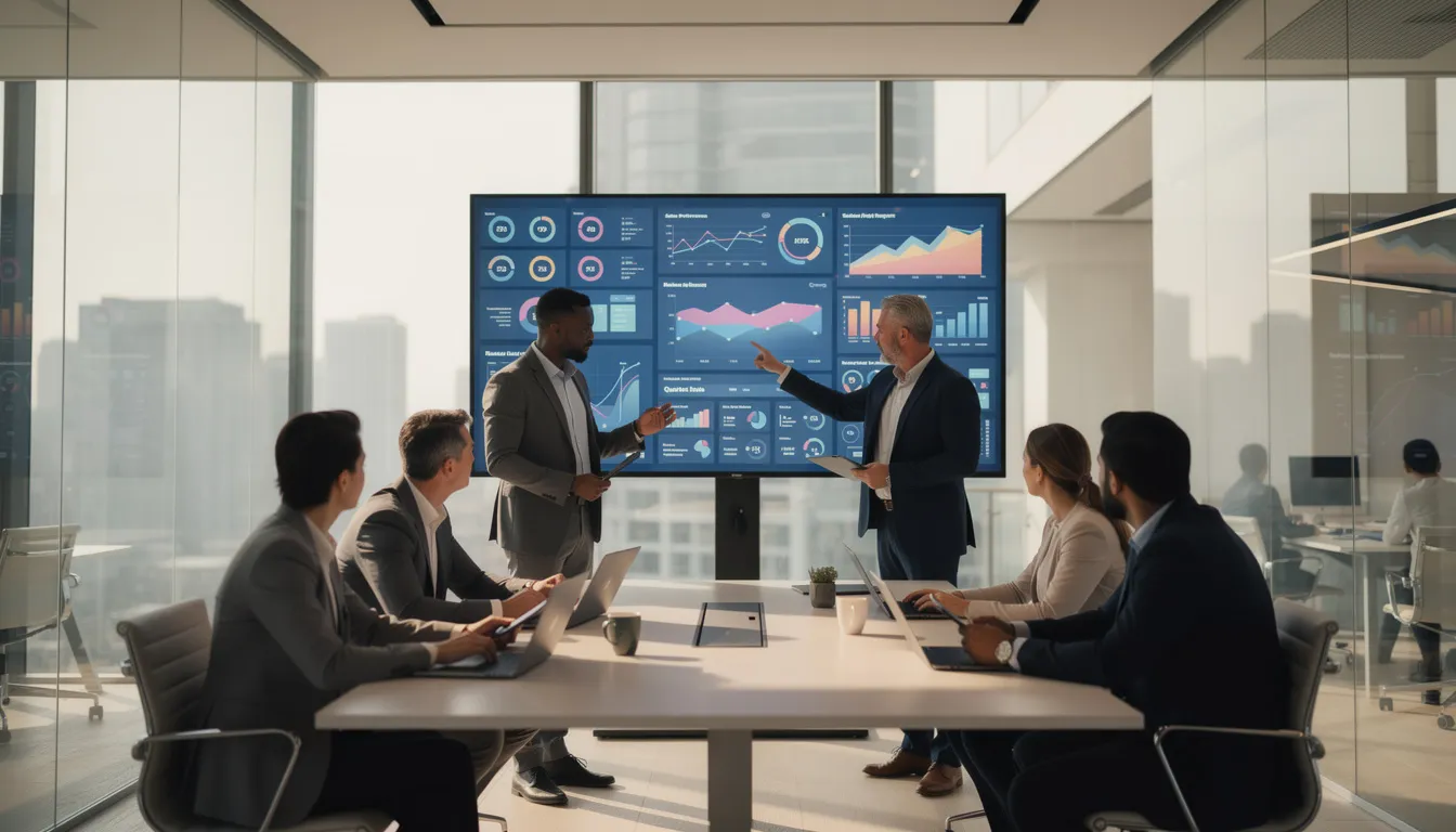 The image depicts a diverse team of professionals collaborating in a modern office, intently reviewing data displayed on multiple screens, likely utilizing advanced AI technologies and tools to enhance their decision-making process. This setting highlights the importance of ethical AI and responsible data governance in today's business environment.