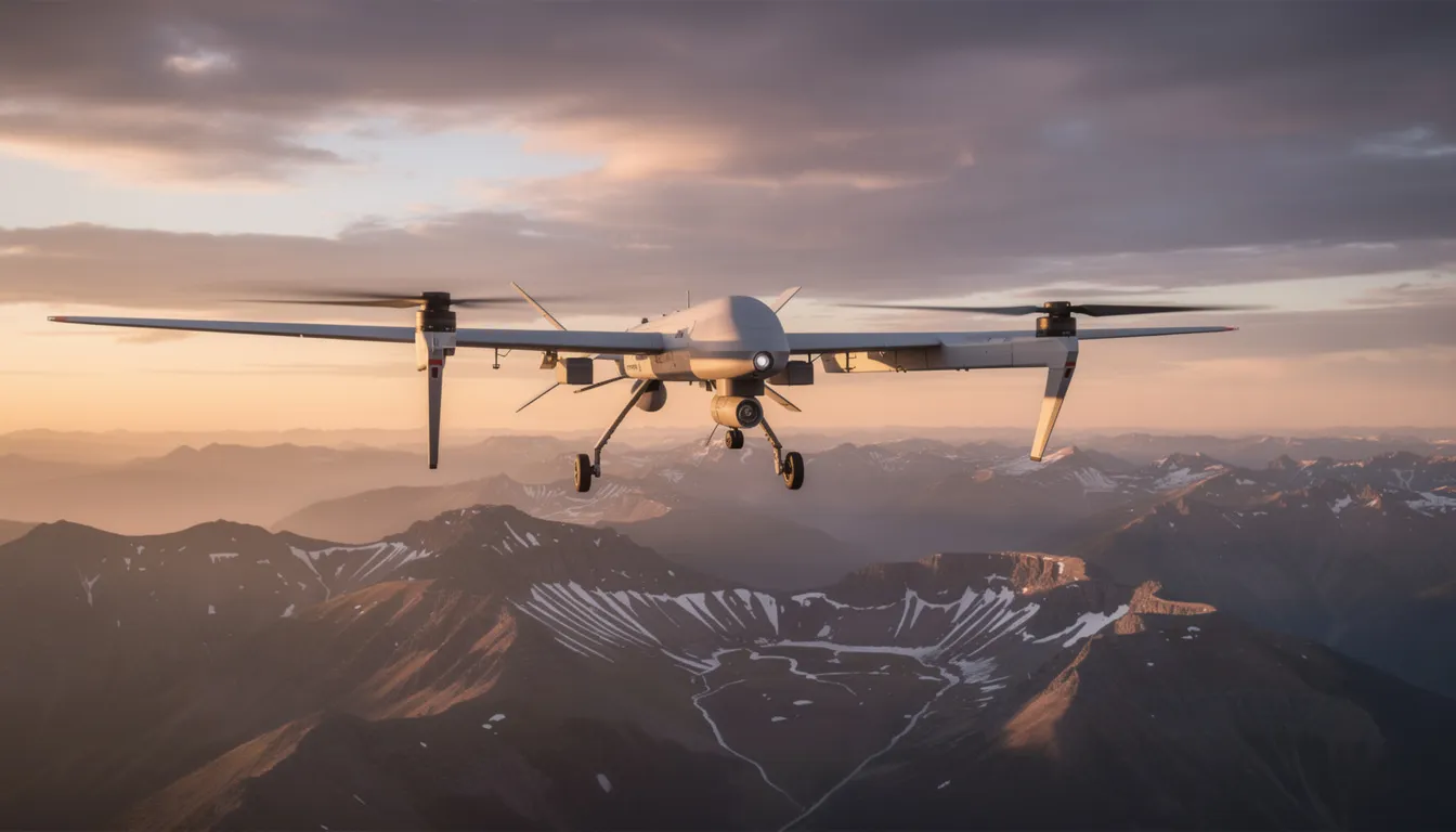 A military drone is depicted flying over rugged mountainous terrain during a vibrant sunset, highlighting the intersection of advanced AI technology and military applications. This image reflects the potential benefits and risks of AI systems in defense, raising concerns about safety and human control in the context of autonomous weapons.