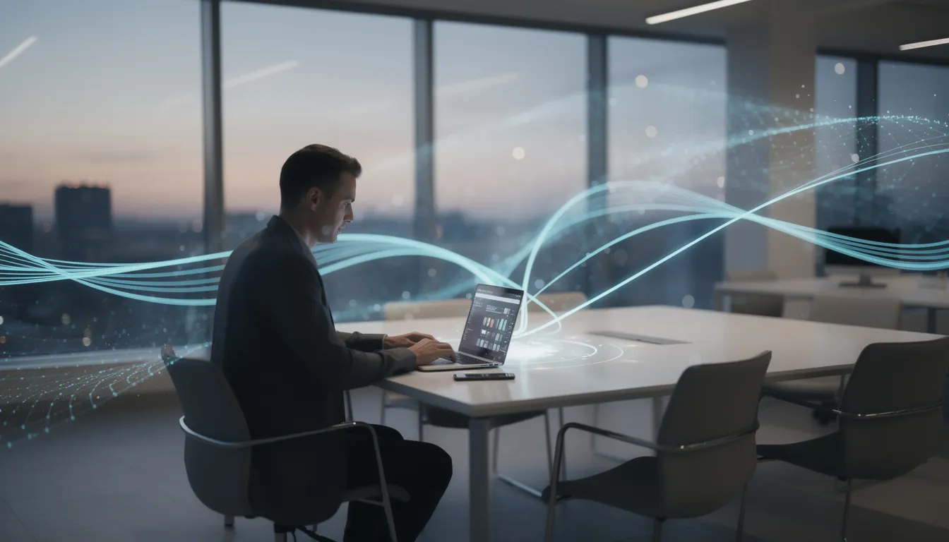A person is seated at a sleek laptop in a modern workspace, surrounded by abstract light patterns that evoke themes of data and connectivity, highlighting the essence of artificial intelligence and its role in problem-solving and research. The scene suggests a blend of technology and creativity, reflecting the dynamic nature of AI systems and their applications in daily life.