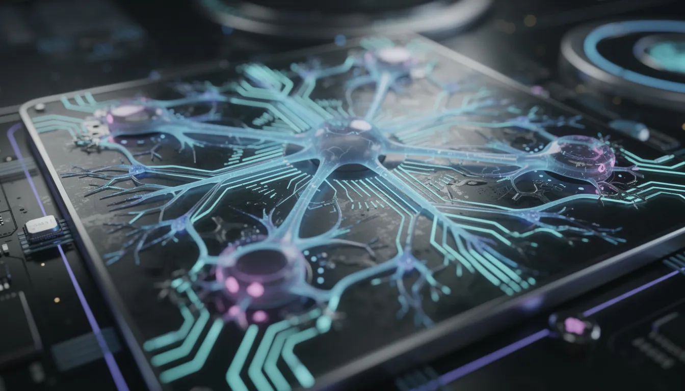 The image depicts a futuristic computer chip featuring glowing circuits and intricate neural pathway patterns, symbolizing advanced artificial intelligence systems and deep learning technologies. This representation highlights the complex architecture of artificial neural networks, which are essential for tasks like data analysis, problem solving, and the development of generative AI applications.