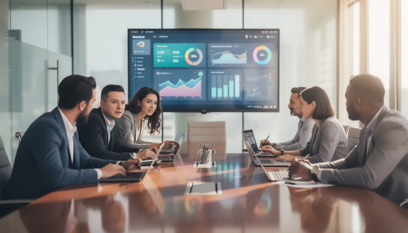 The image depicts a diverse team of data analysts collaborating around a conference table, equipped with laptops and a large display showcasing data visualization dashboards. They are engaged in discussions to analyze data and extract meaningful insights for data-driven decisions, highlighting the importance of teamwork in the data analysis workflows.