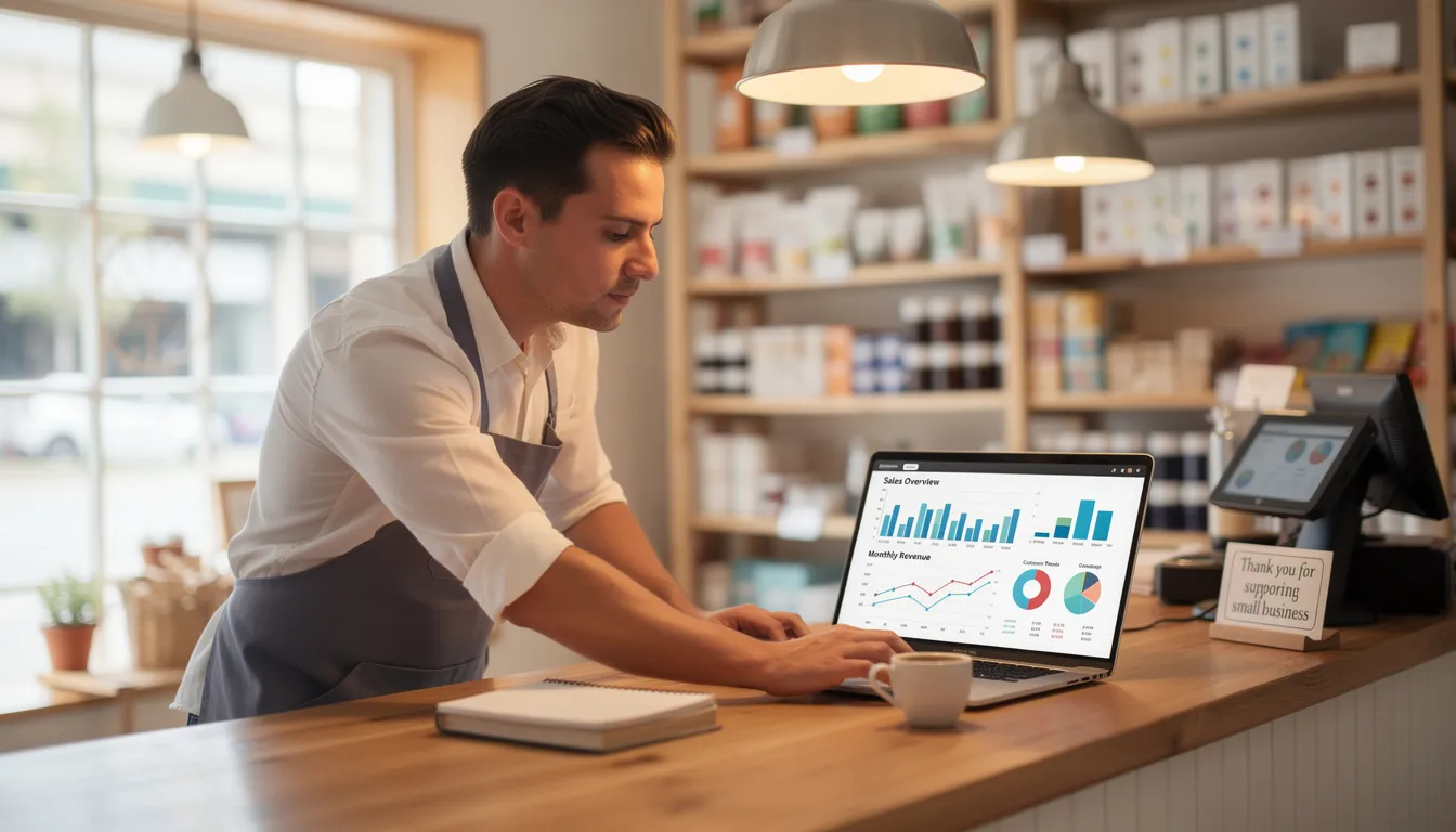 A small business owner is focused on reviewing analytics on their laptop within a retail environment, utilizing data analysis to gain actionable insights for improving business operations and enhancing decision-making strategies. This scene highlights the importance of integrating AI tools and technologies to drive operational efficiency and adapt to customer behavior trends.