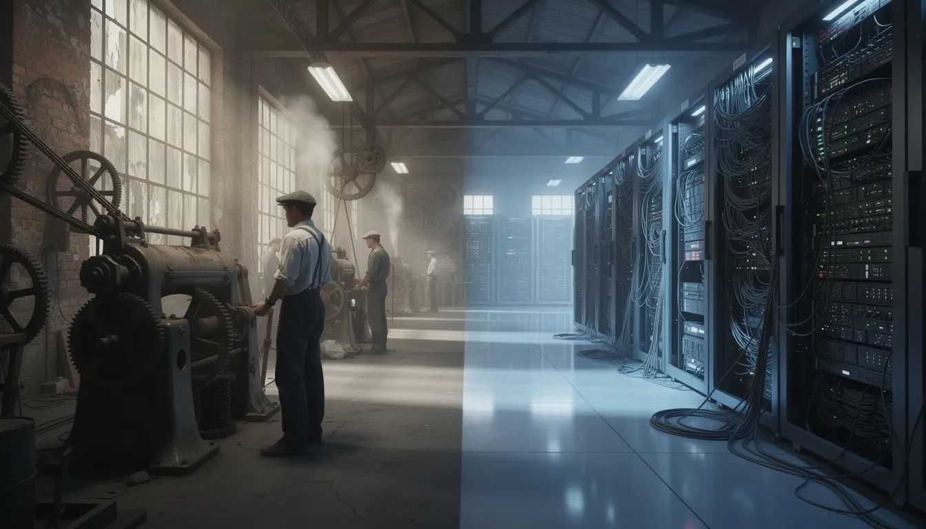 The image depicts a vintage industrial factory with workers engaged in manual tasks, juxtaposed against a modern server room filled with blinking lights, symbolizing the ethical implications and challenges of technological progress in society. This contrast highlights the evolution of work environments and the emerging technologies that shape our daily lives.