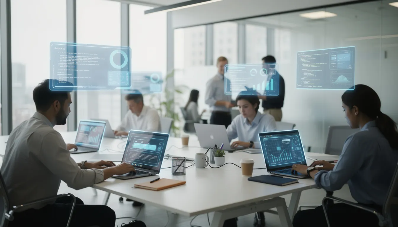 The image depicts a modern office environment where multiple team members are focused on their laptops, with abstract digital interfaces showcasing generative AI tools floating above their screens, symbolizing the integration of AI technology into everyday business operations. The scene highlights collaboration and innovation, reflecting the impact of artificial intelligence on teamwork and decision-making.