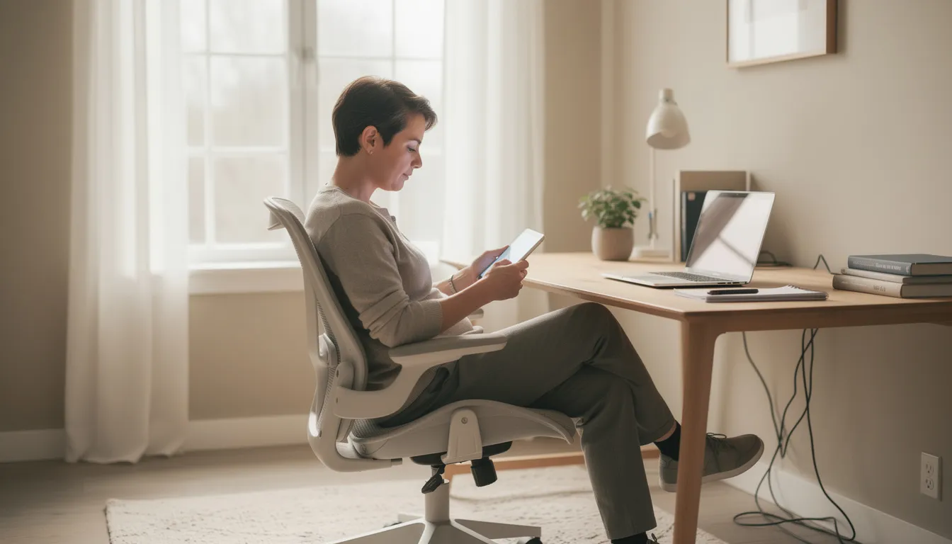 A person is peacefully reading on a tablet in a calm and organized home office, surrounded by books and plants, creating a serene atmosphere ideal for focus and relaxation. The space reflects a blend of comfort and productivity, emphasizing the importance of a well-designed environment for engaging with knowledge and technology, such as AI tools and applications.