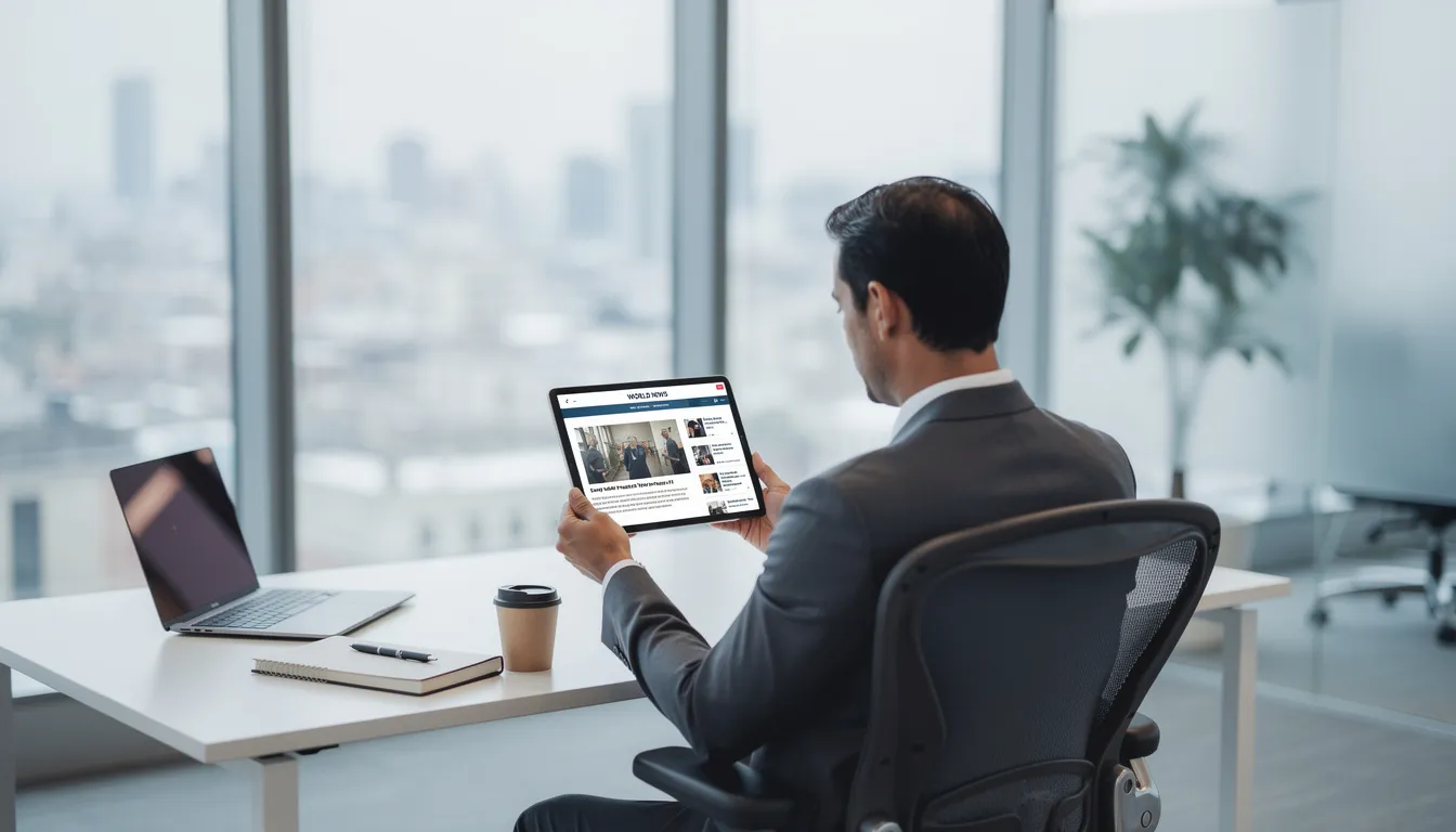 A professional is reading news on a tablet in a sleek modern office, surrounded by a minimalist workspace that reflects a focus on business operations and digital transformation. This scene embodies the integration of enterprise AI technologies, showcasing the importance of staying informed on market trends and AI solutions for effective decision-making.