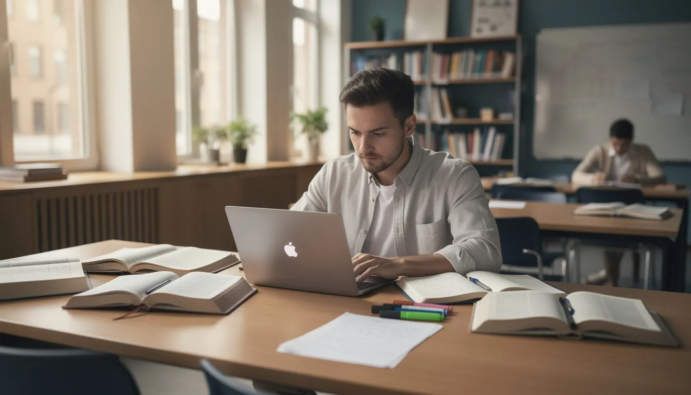 A professional is focused on studying at a laptop, surrounded by books and notes in a learning environment, emphasizing their engagement with data science and artificial intelligence. This scene illustrates the importance of acquiring practical skills in data analysis and machine learning for data science professionals.