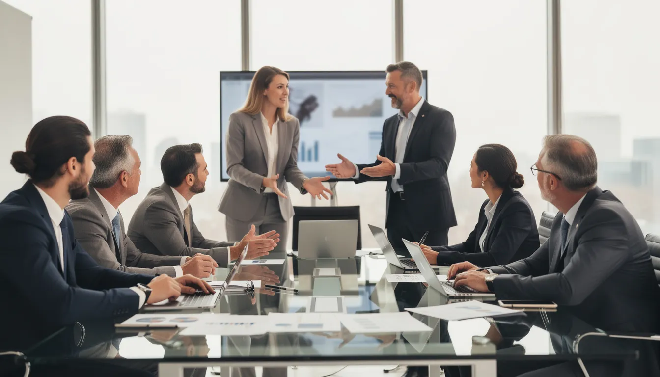 The image depicts a diverse group of professionals engaged in a discussion around a conference table, highlighting the importance of ethical decision making and the complexities of ethical dilemmas in the workplace. Their expressions reflect a commitment to addressing ethical concerns and navigating competing values in their respective fields.