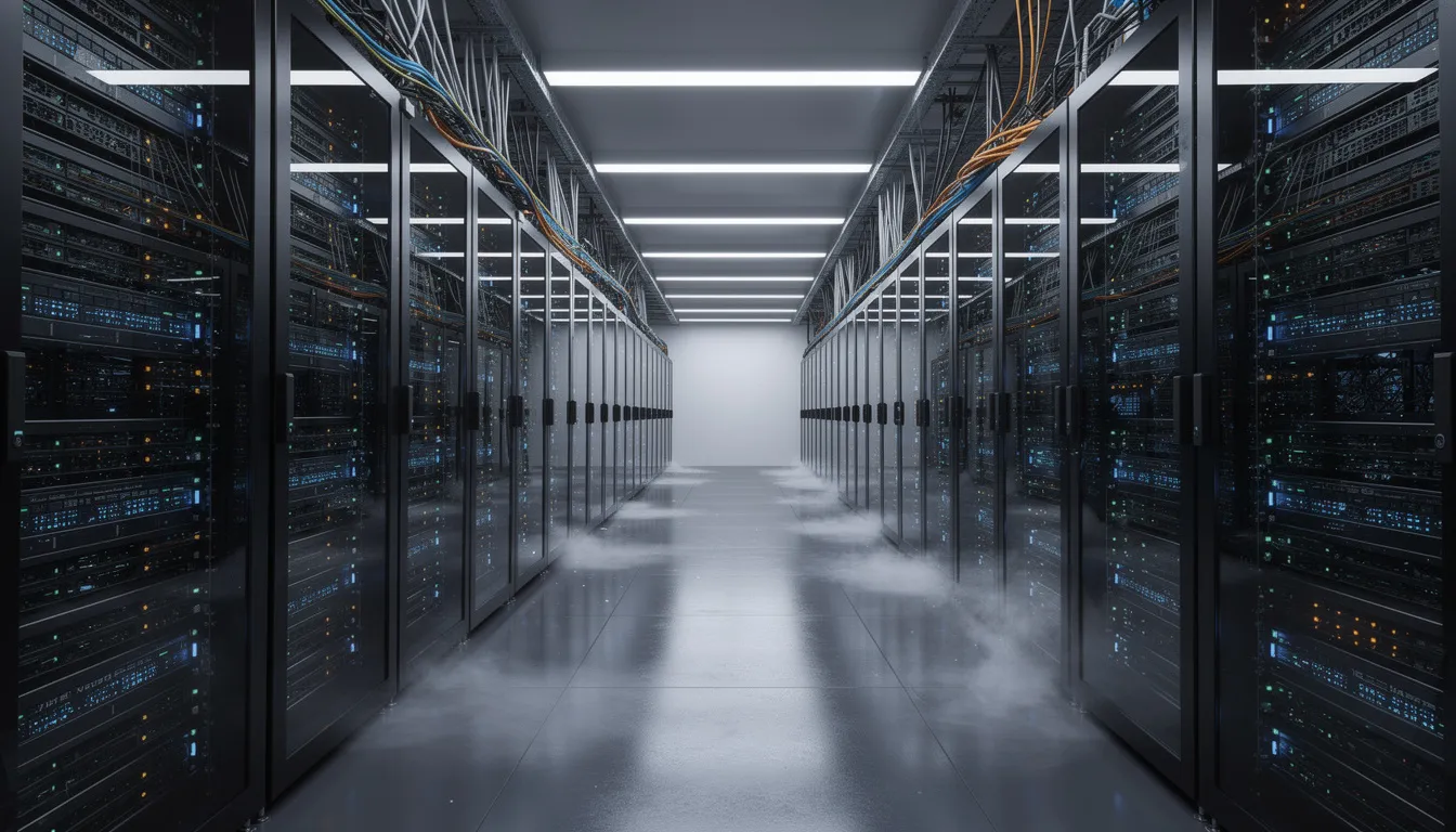 The image depicts a modern data center filled with rows of servers, each adorned with blinking lights, symbolizing the immense computing power required for artificial intelligence and machine learning tasks. These servers are essential for training deep neural networks and running complex algorithms that analyze vast amounts of data for various AI applications.