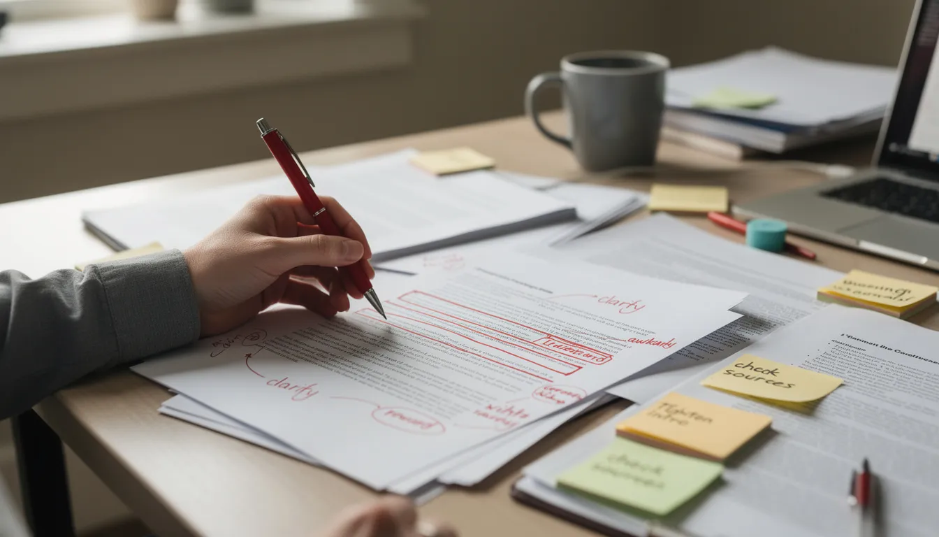 An editor is reviewing a document with a red pen, making notes and corrections, showcasing the writing process involved in crafting high-quality articles. The scene emphasizes the importance of attention to detail and relevant research in producing well-written content.