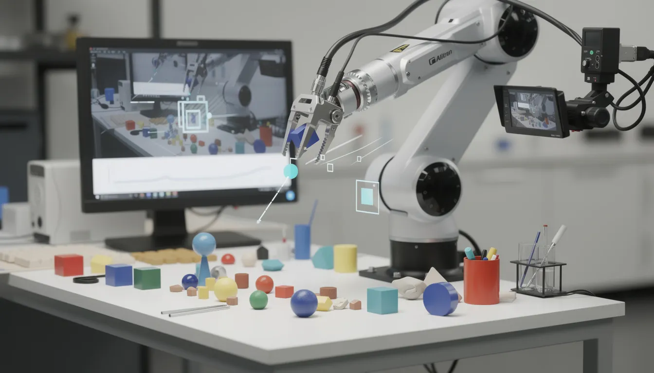 The image depicts a robotic arm engaged in a learning process, attempting to grasp various objects through repeated trials while utilizing visual feedback. This showcases the application of reinforcement learning algorithms in artificial intelligence, where the robot improves its performance by identifying patterns and adjusting its actions based on input data.