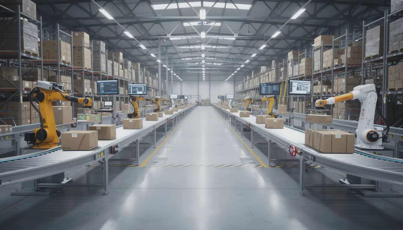 The image depicts a large warehouse filled with robotic arms and automated conveyor systems efficiently moving packages, showcasing the advancements in AI technology and automation that are transforming the job market. This scene illustrates how routine tasks are increasingly being handled by AI systems, impacting various career paths and job growth in industries reliant on data analysis and machine learning.