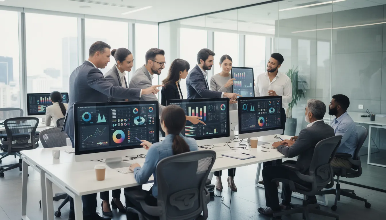 The image depicts a diverse group of professionals in a modern office environment, intently observing computer screens that display intricate data visualizations. This scene reflects the growing importance of ethical considerations in artificial intelligence, highlighting the need for responsible AI development and addressing biases in data collection and decision-making processes.