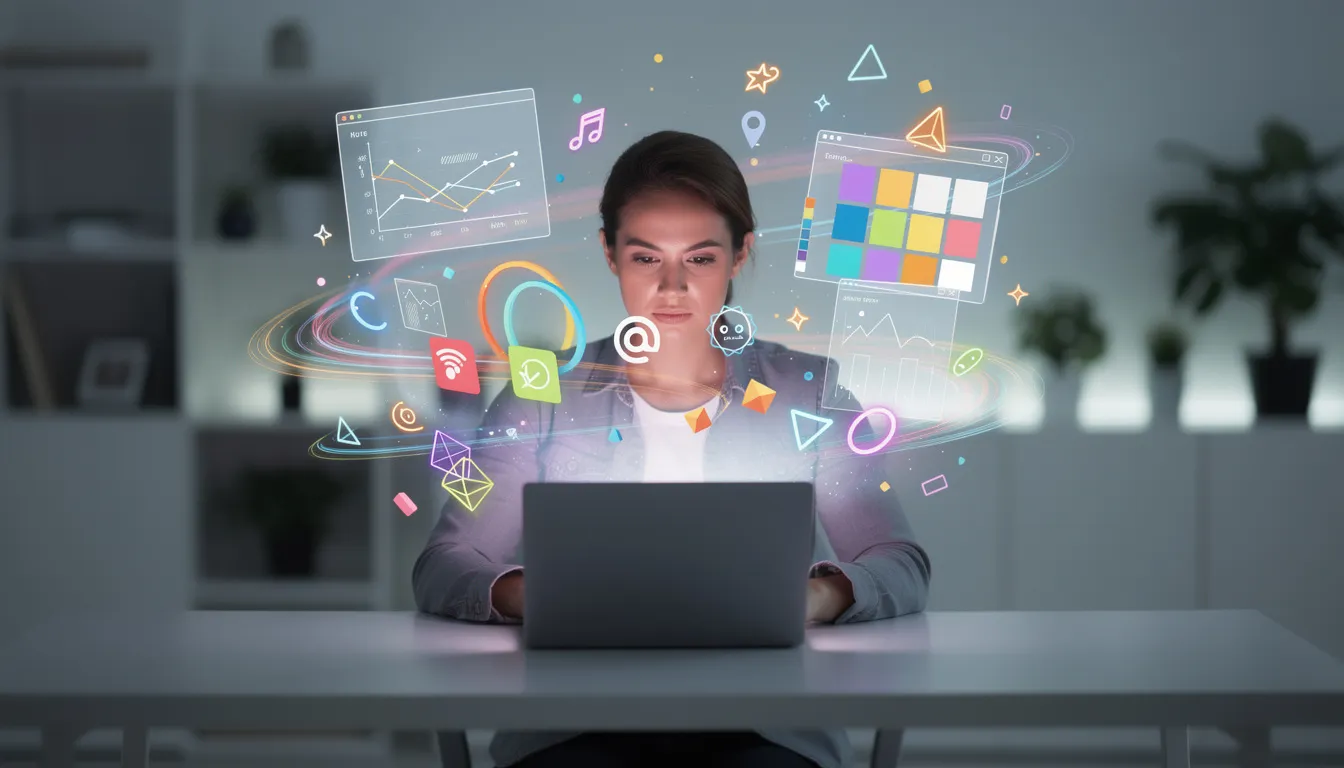 The image depicts a person focused on their laptop while surrounded by floating creative design elements, symbolizing the innovative potential of generative AI tools and applications. This scene captures the essence of content creation and the transformative impact of generative models in the realm of artificial intelligence.