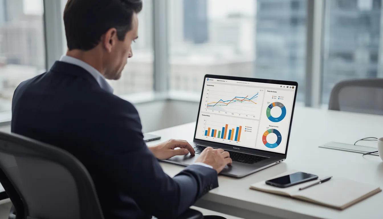 A business professional is intently reviewing analytics on a laptop, with various graphs and data visualizations displayed on the screen, highlighting actionable insights for business strategy and operations. This scene reflects the use of AI technology and data analytics in driving informed decision-making within an enterprise.