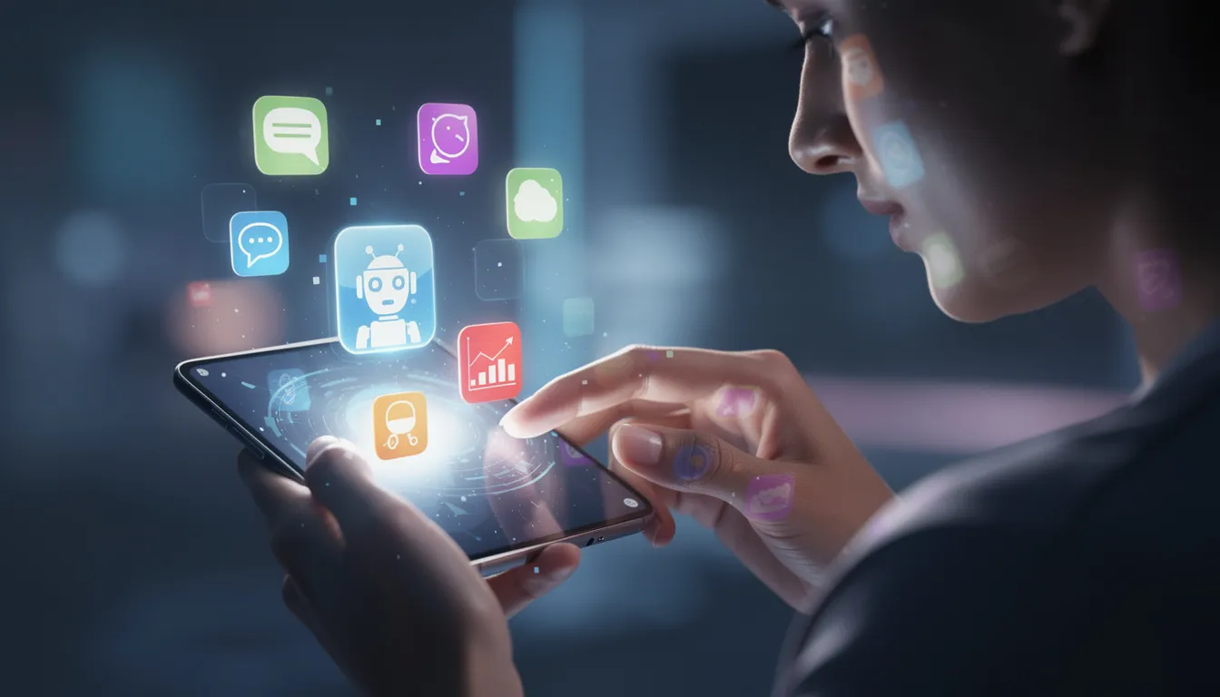 The image depicts a person engaged with a glowing smartphone, showcasing various app icons that symbolize AI-powered services. This representation highlights the integration of artificial intelligence and data science technologies in everyday life, emphasizing the role of data analysis and machine learning in enhancing user experiences.